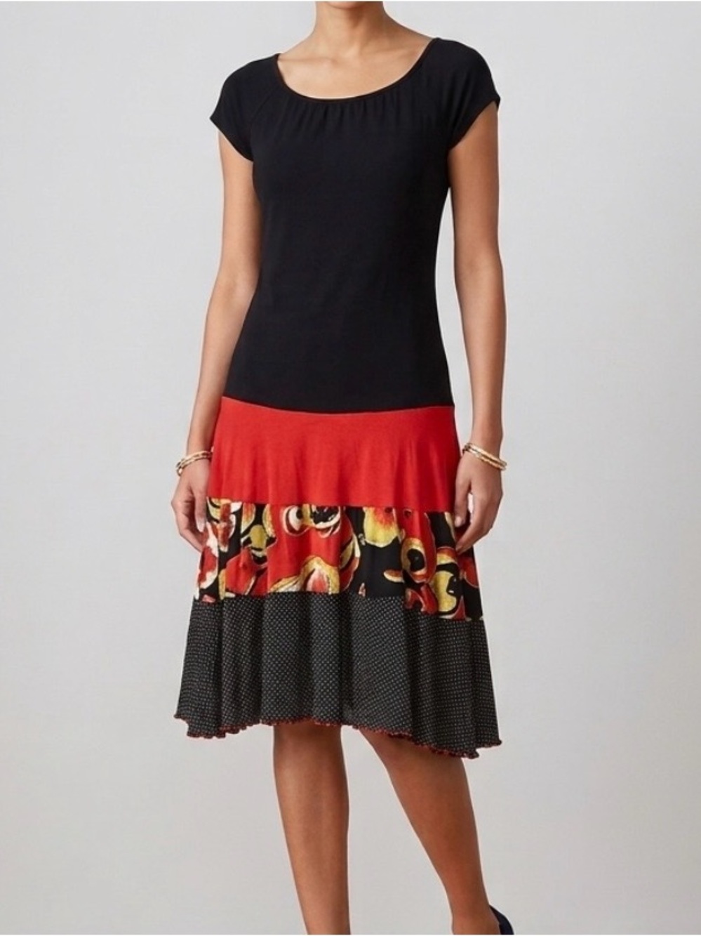 Joseph Ribkoff Drop Waist Handkerchief Dress Art to Wear Floral Black Red 8